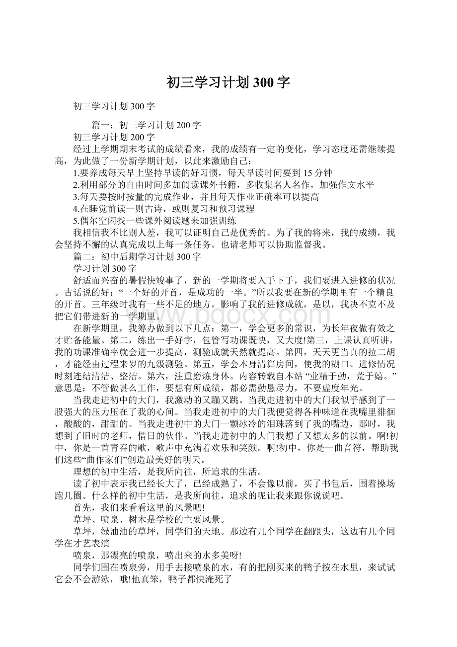 初三学习计划300字Word文档格式.docx