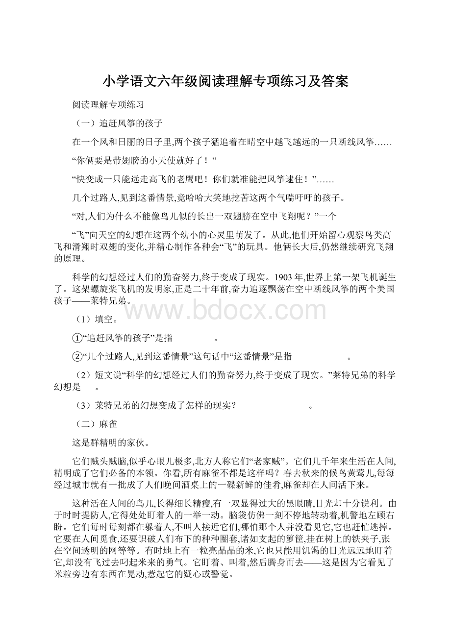 小学语文六年级阅读理解专项练习及答案Word格式文档下载.docx