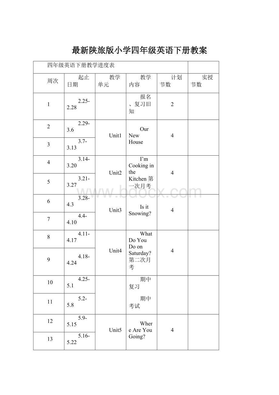 最新陕旅版小学四年级英语下册教案.docx_第1页