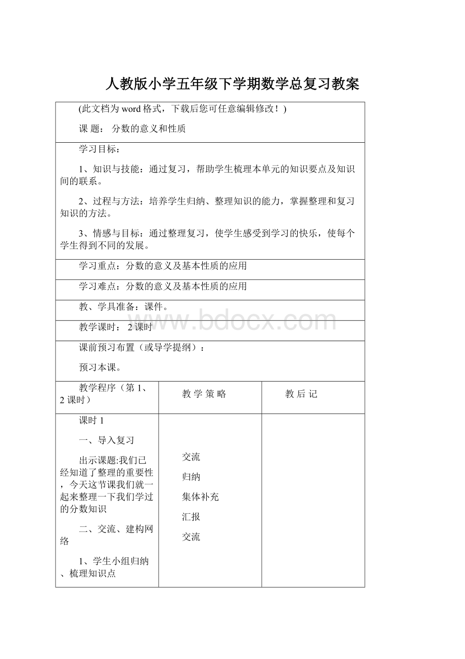 人教版小学五年级下学期数学总复习教案Word文档格式.docx_第1页