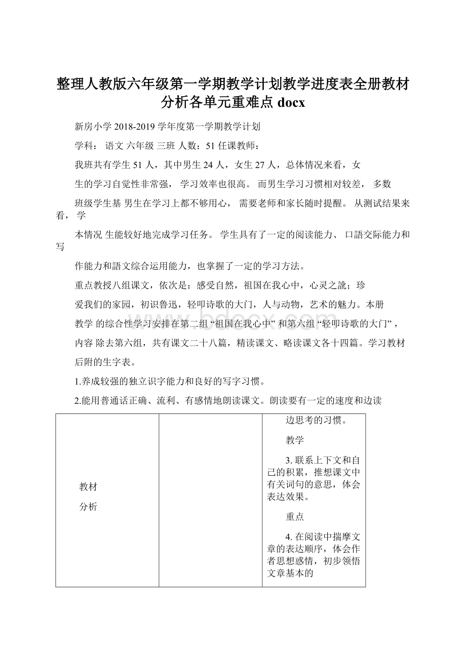 整理人教版六年级第一学期教学计划教学进度表全册教材分析各单元重难点docxWord下载.docx_第1页