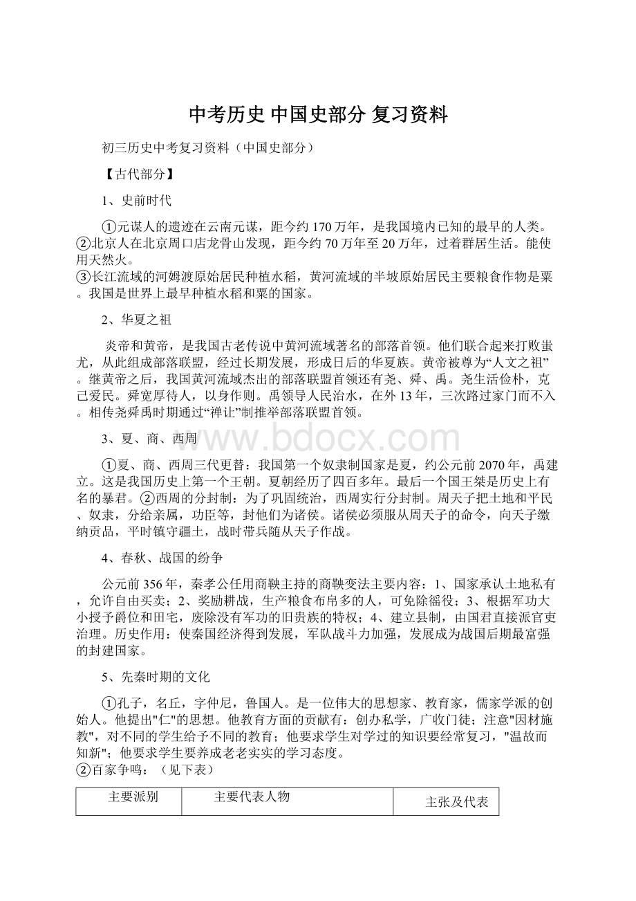 中考历史 中国史部分 复习资料.docx