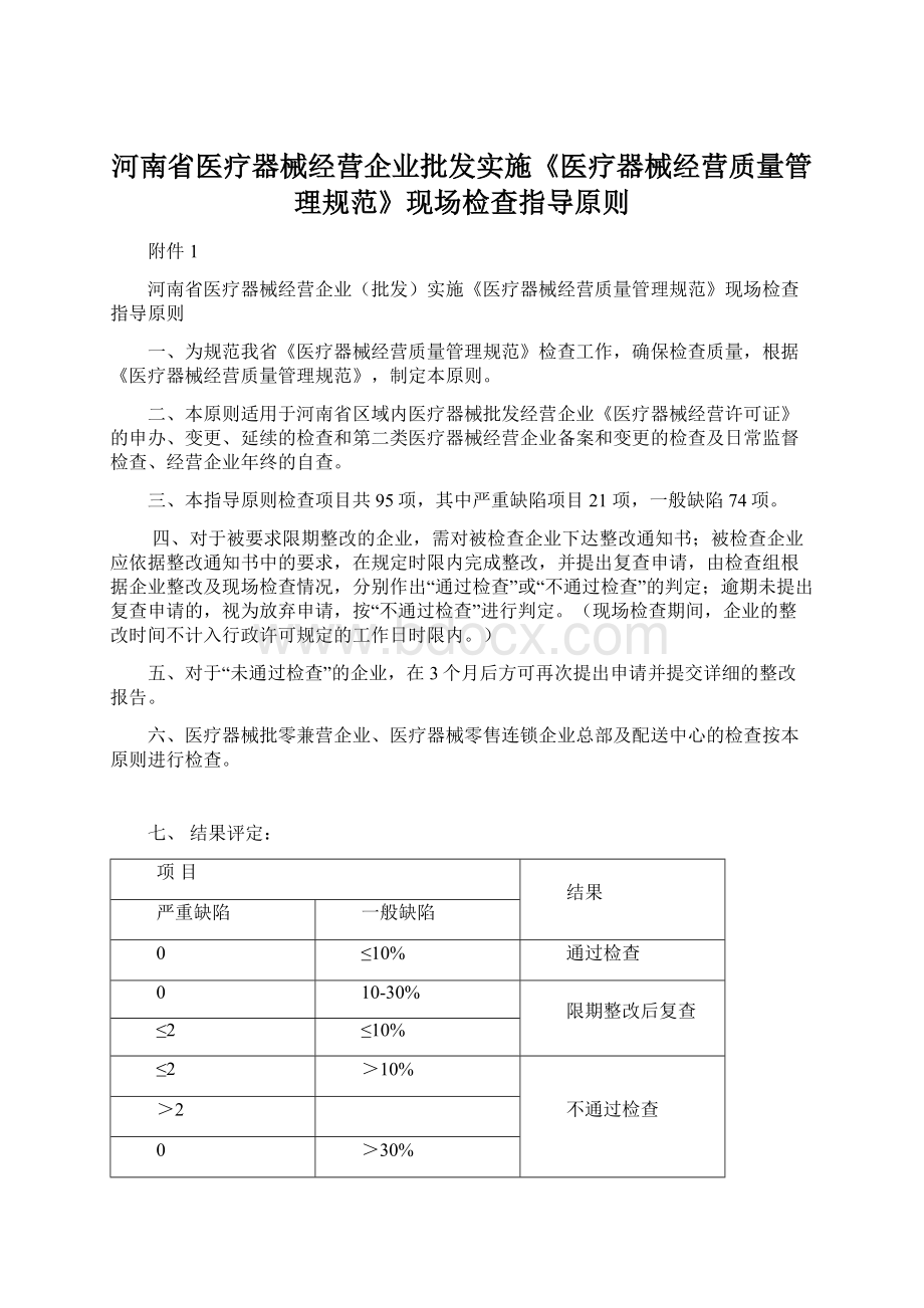 河南省医疗器械经营企业批发实施《医疗器械经营质量管理规范》现场检查指导原则.docx