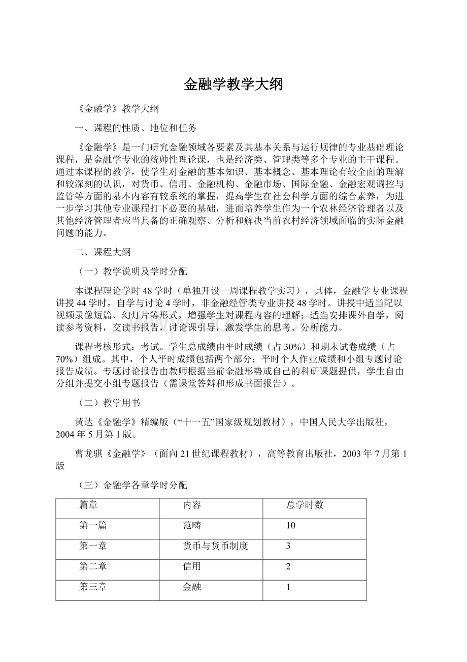 金融学教学大纲Word文档下载推荐.docx_第1页