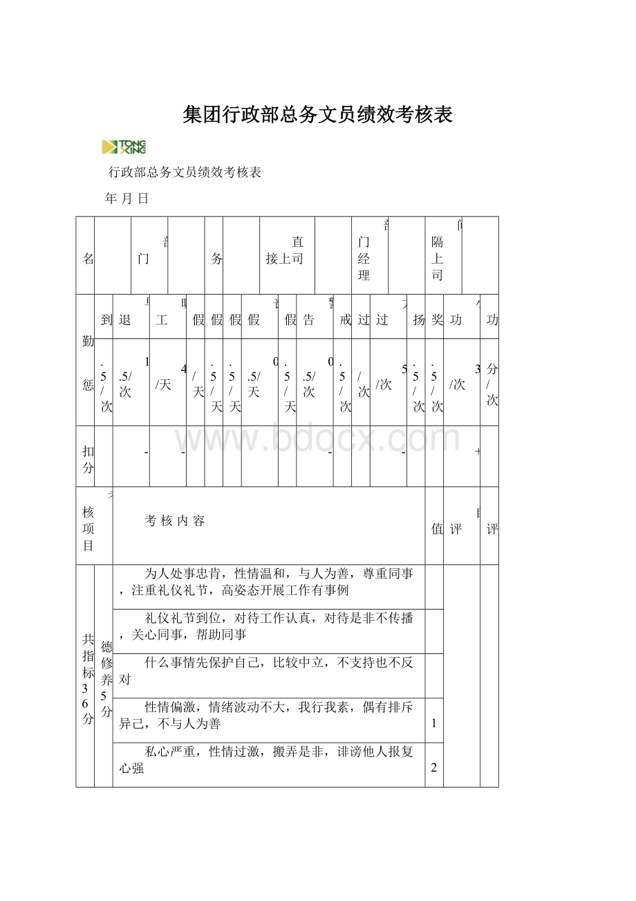 集团行政部总务文员绩效考核表Word文档格式.docx