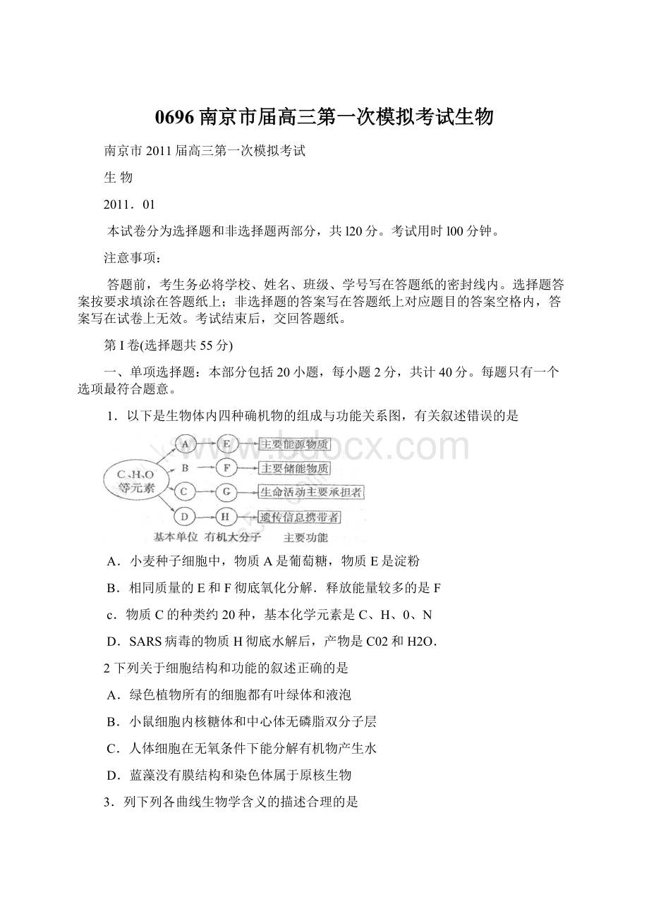 0696南京市届高三第一次模拟考试生物Word文件下载.docx