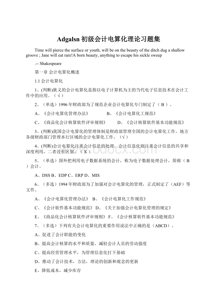 Adgalsn初级会计电算化理论习题集.docx_第1页