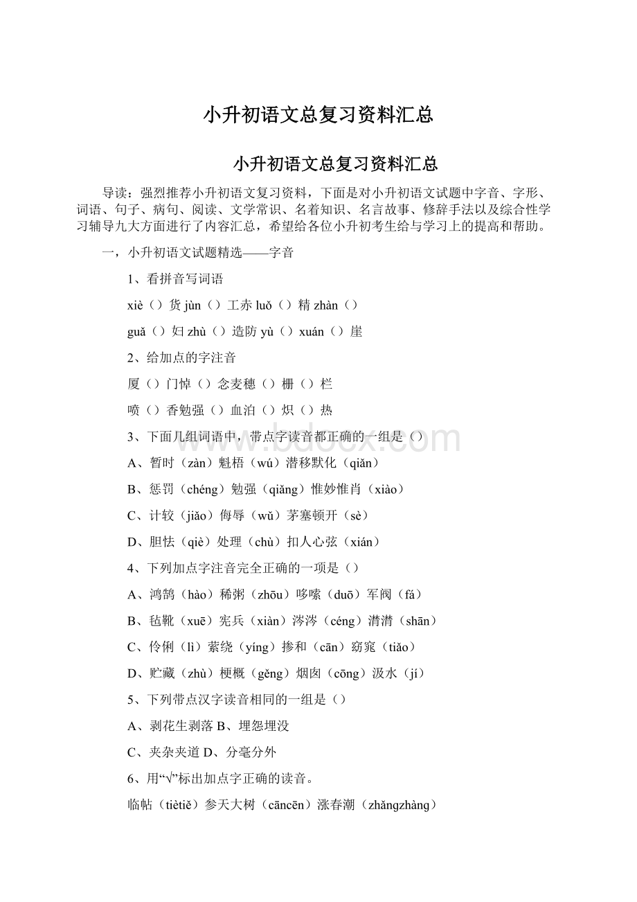 小升初语文总复习资料汇总Word格式文档下载.docx_第1页