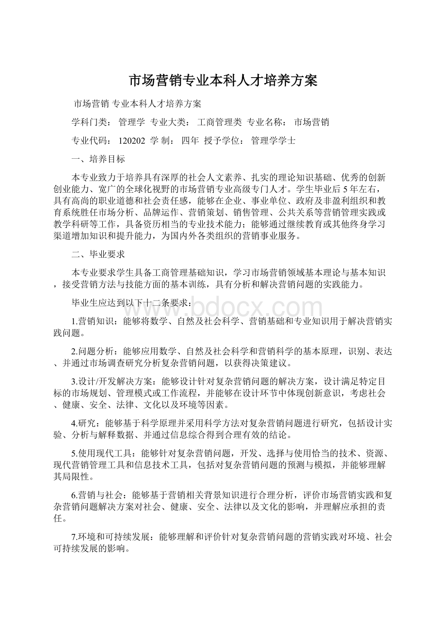 市场营销专业本科人才培养方案.docx_第1页