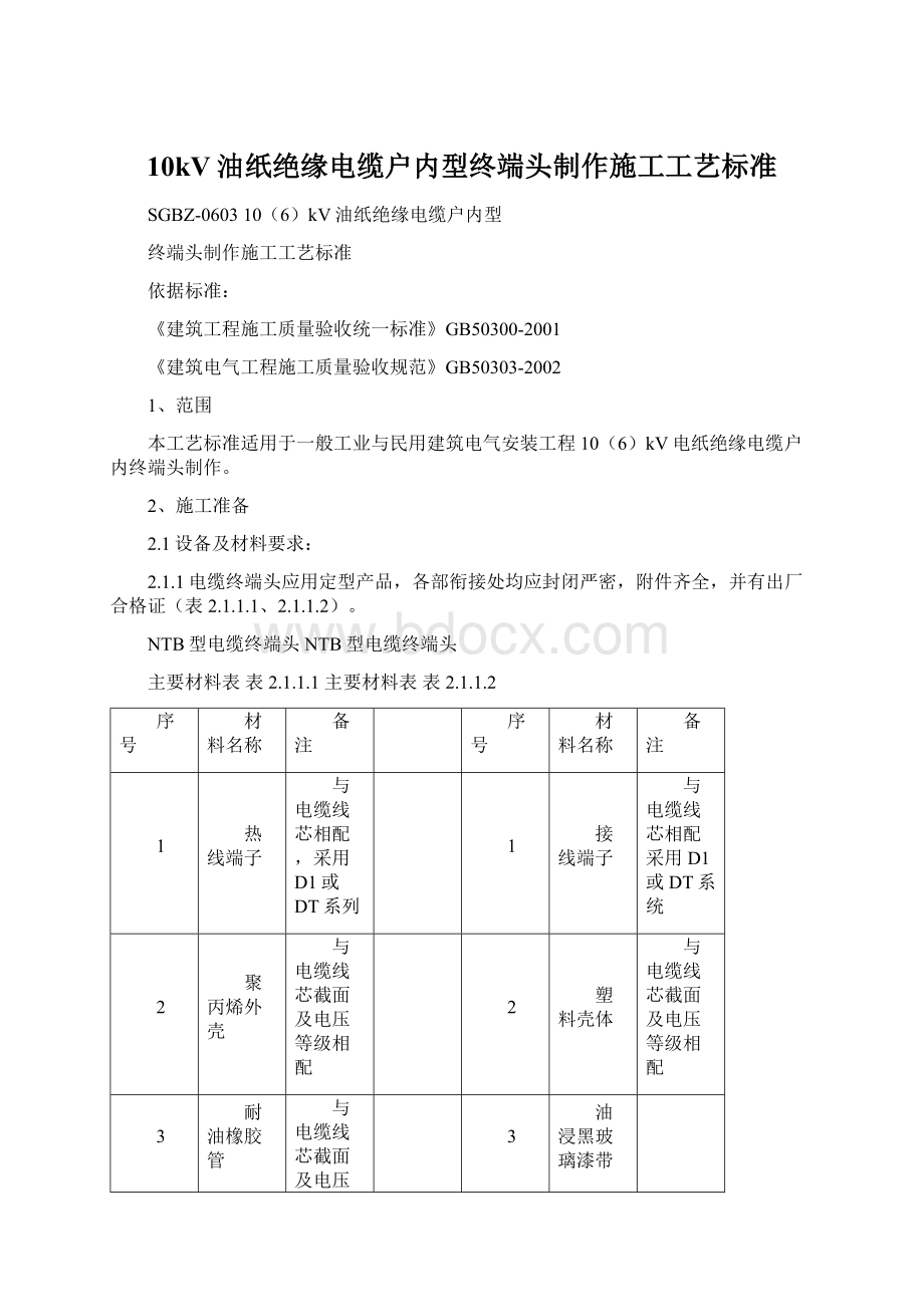 10kV油纸绝缘电缆户内型终端头制作施工工艺标准.docx_第1页