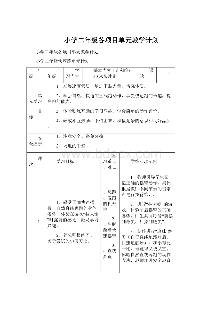 小学二年级各项目单元教学计划.docx_第1页