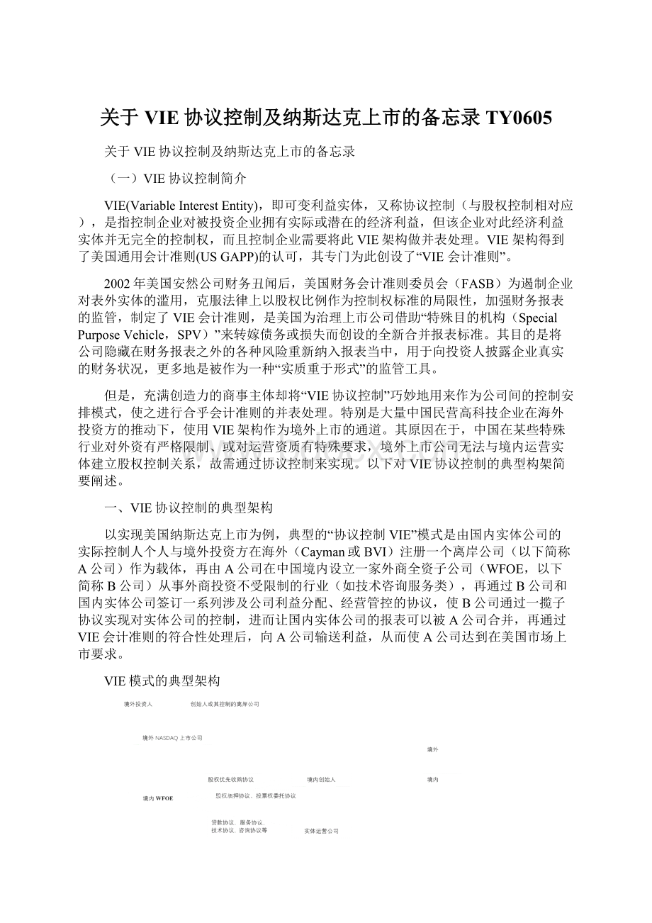 关于VIE协议控制及纳斯达克上市的备忘录TY0605.docx