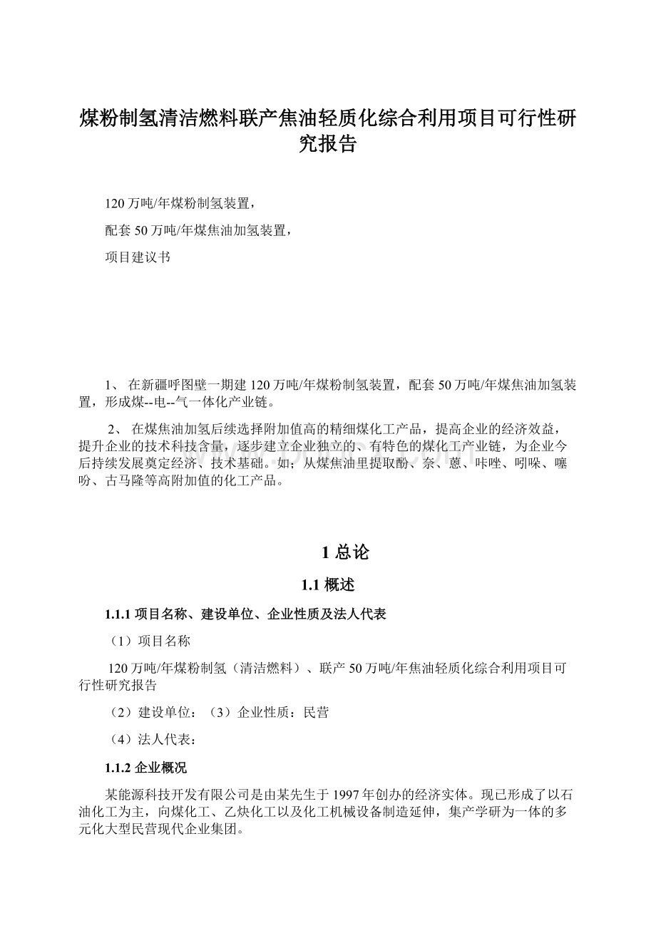 煤粉制氢清洁燃料联产焦油轻质化综合利用项目可行性研究报告.docx_第1页