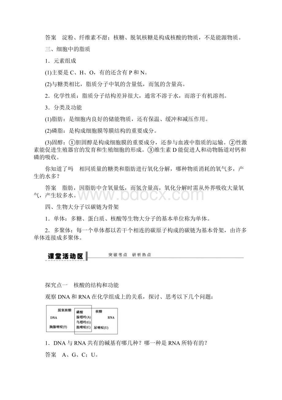 第一单元 学案4 遗传信息的携带者核酸细胞中的糖类和脂质Word文件下载.docx_第3页