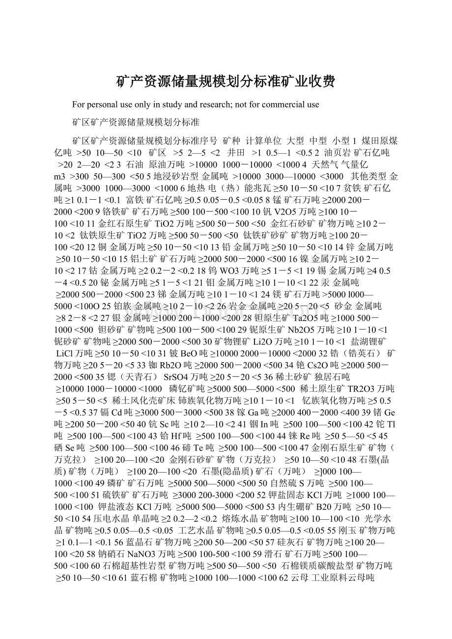 矿产资源储量规模划分标准矿业收费Word文档格式.docx_第1页