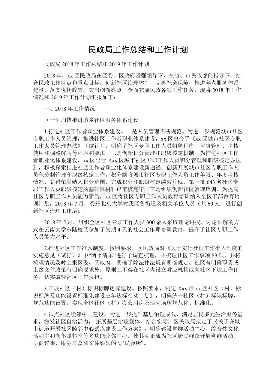 民政局工作总结和工作计划.docx_第1页