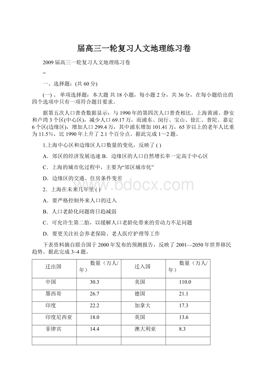 届高三一轮复习人文地理练习卷Word下载.docx