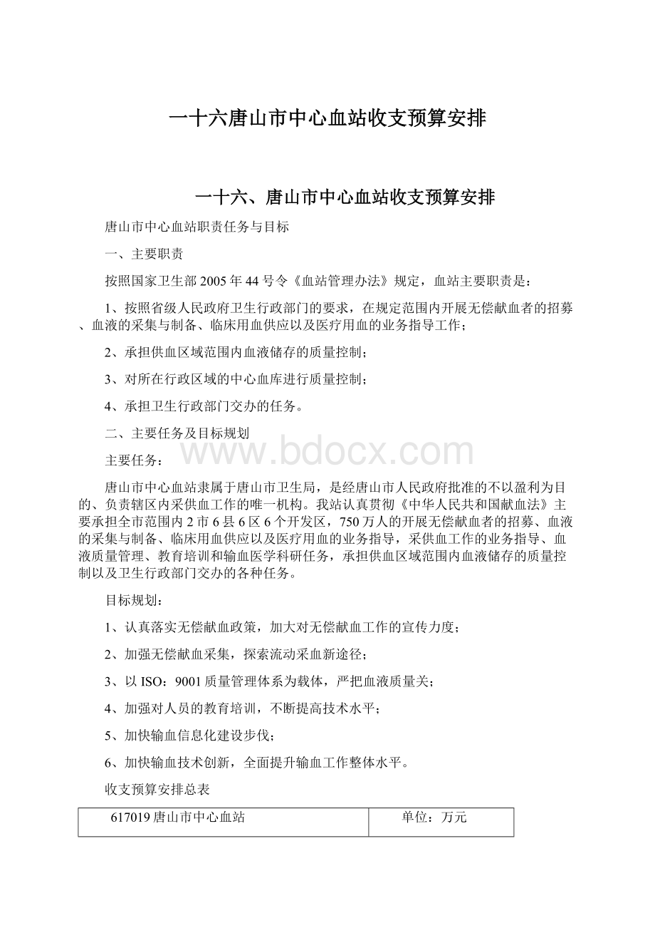 一十六唐山市中心血站收支预算安排.docx_第1页