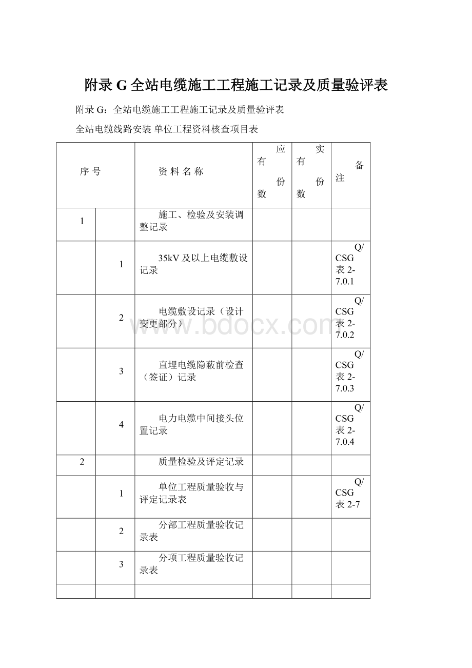 附录G全站电缆施工工程施工记录及质量验评表Word文档下载推荐.docx