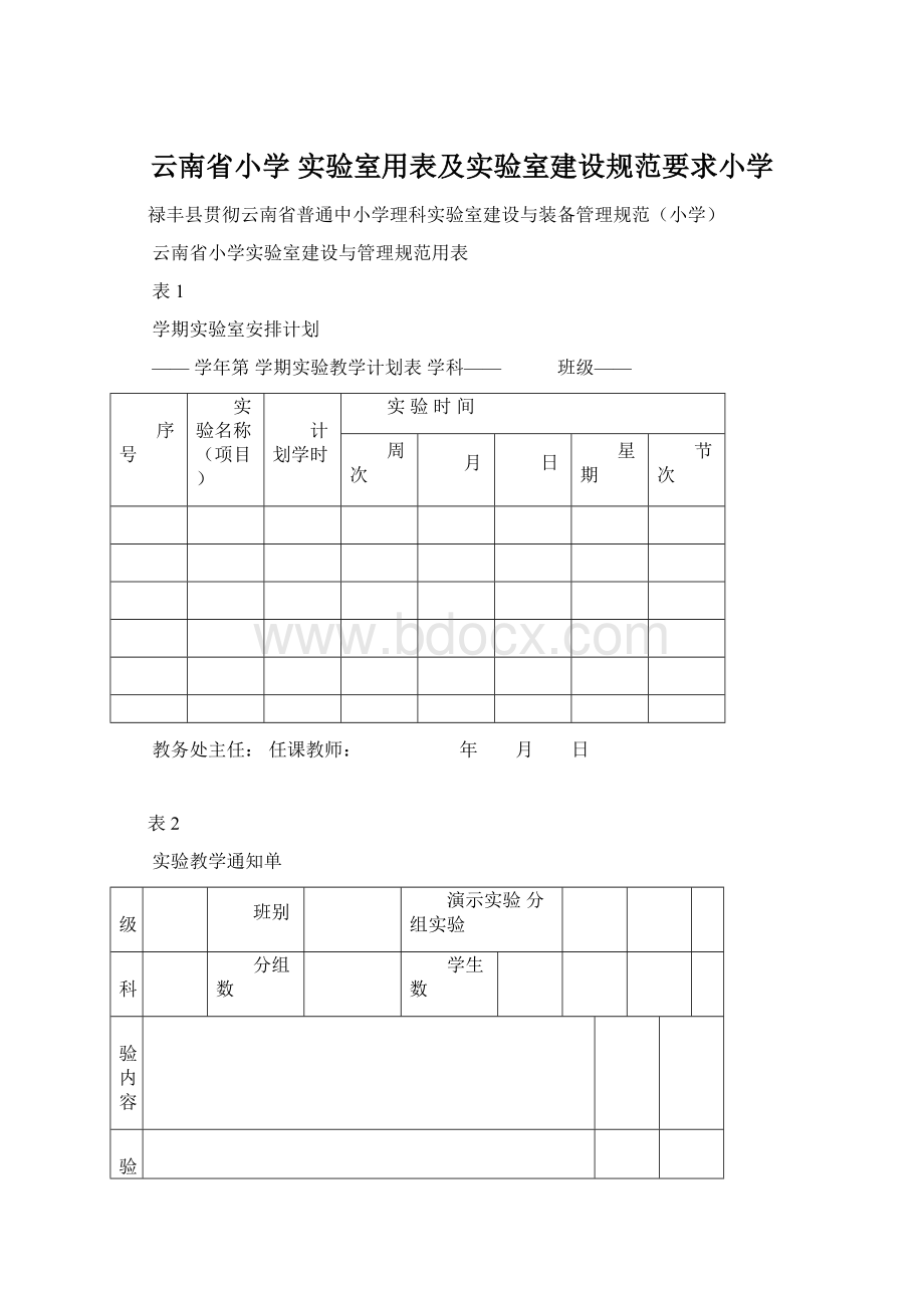 云南省小学 实验室用表及实验室建设规范要求小学Word文档格式.docx_第1页