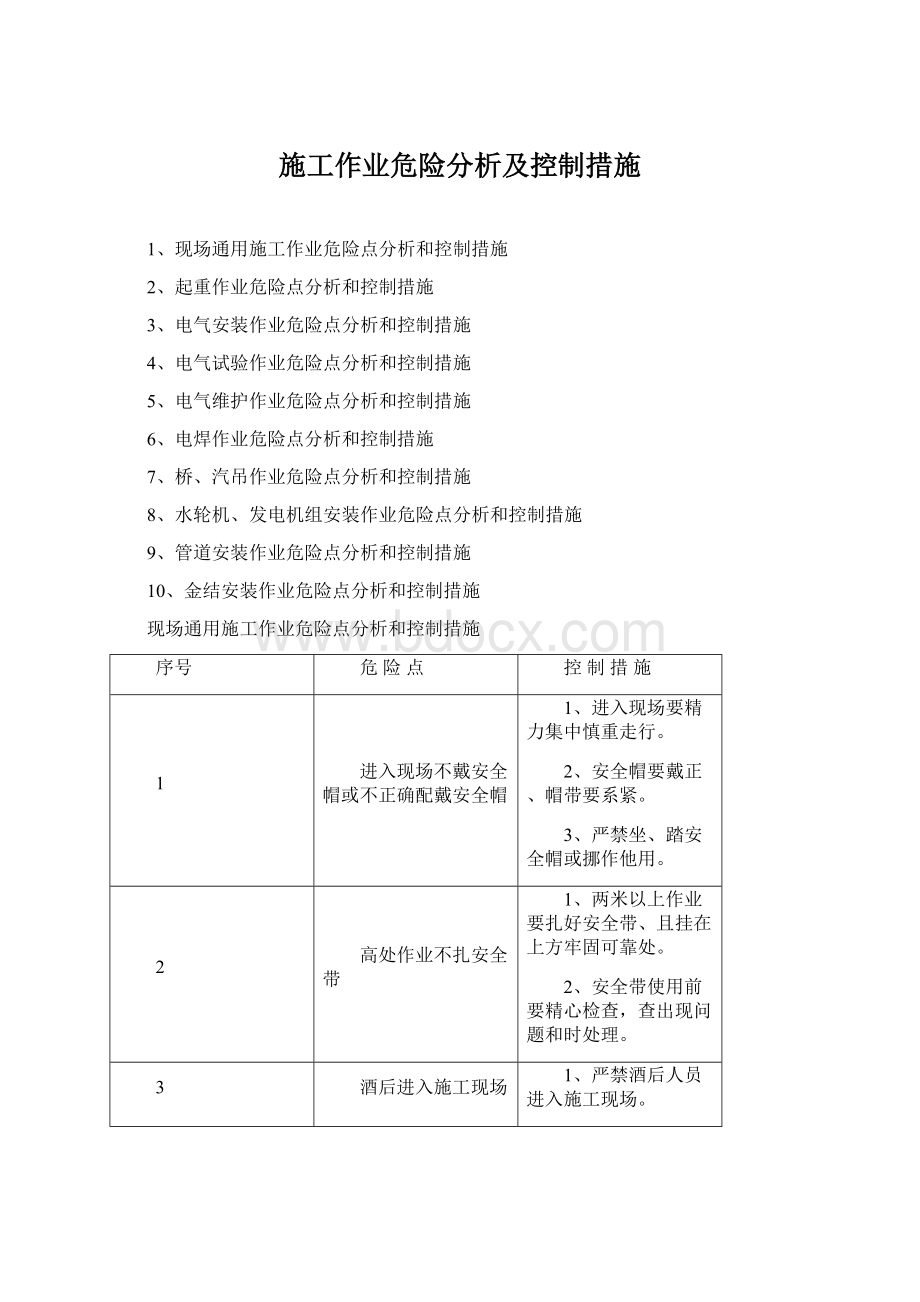 施工作业危险分析及控制措施文档格式.docx