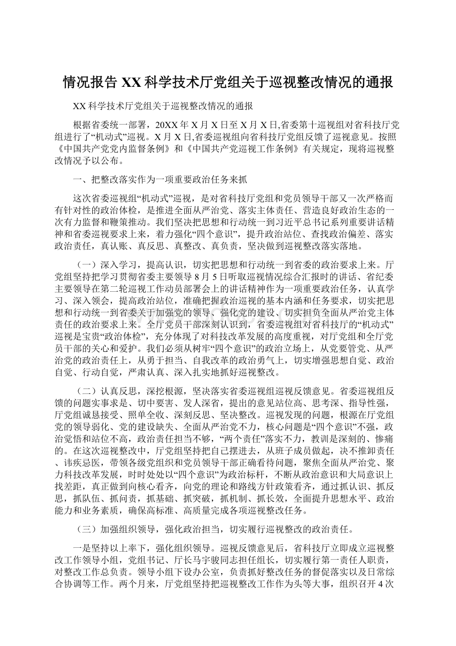 情况报告XX科学技术厅党组关于巡视整改情况的通报Word文档下载推荐.docx