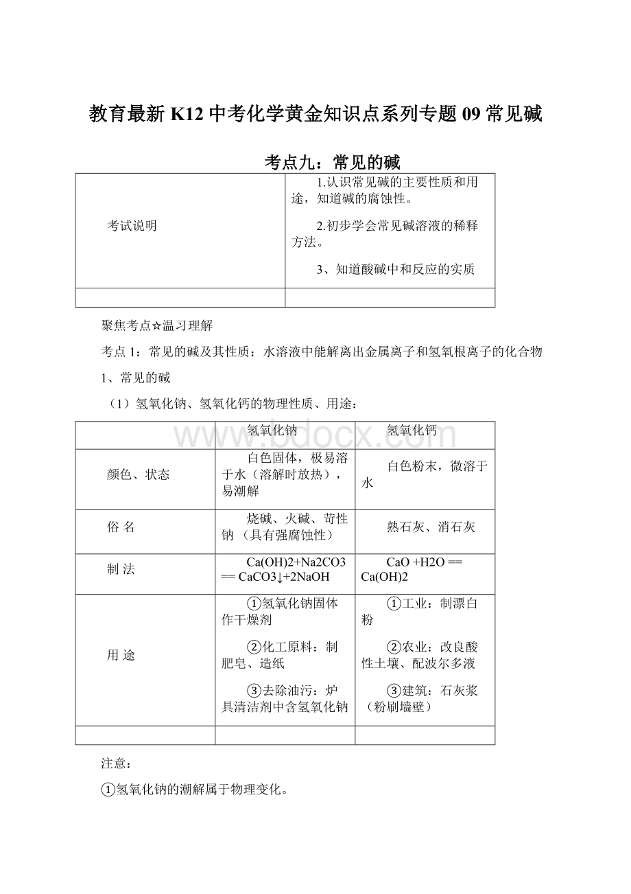 教育最新K12中考化学黄金知识点系列专题09常见碱.docx