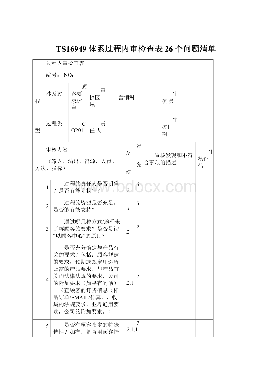 TS16949体系过程内审检查表26个问题清单文档格式.docx