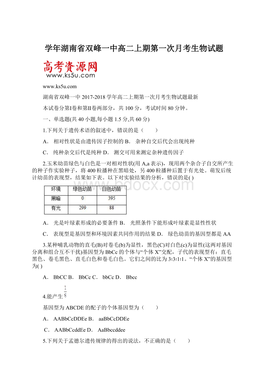 学年湖南省双峰一中高二上期第一次月考生物试题.docx_第1页