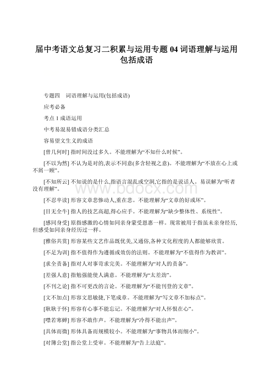 届中考语文总复习二积累与运用专题04词语理解与运用包括成语.docx