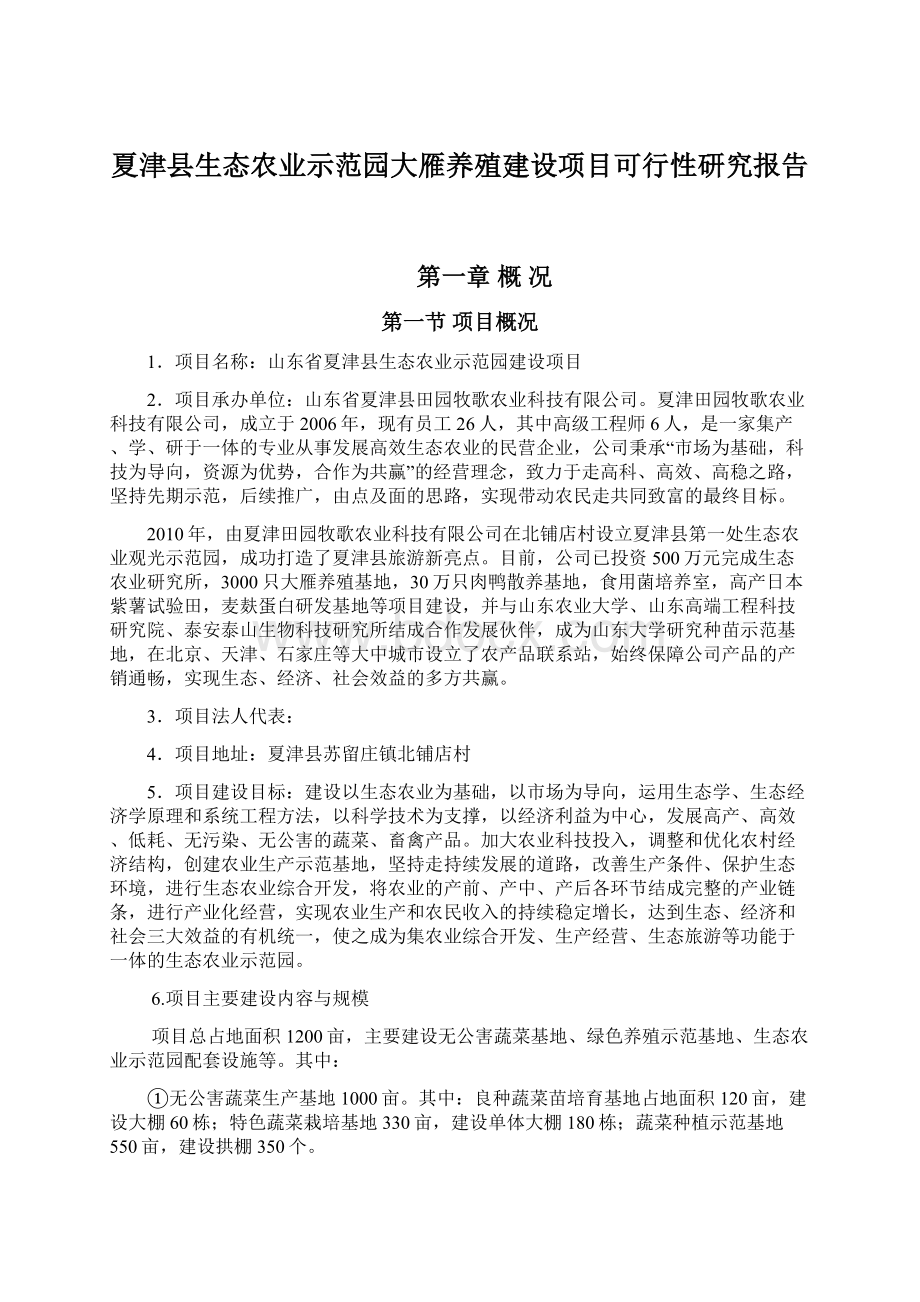 夏津县生态农业示范园大雁养殖建设项目可行性研究报告.docx_第1页