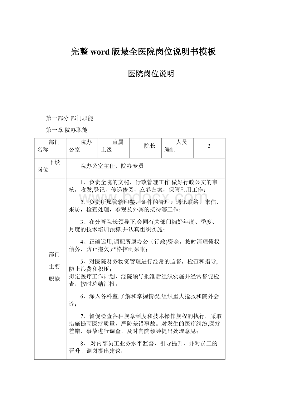 完整word版最全医院岗位说明书模板Word格式文档下载.docx