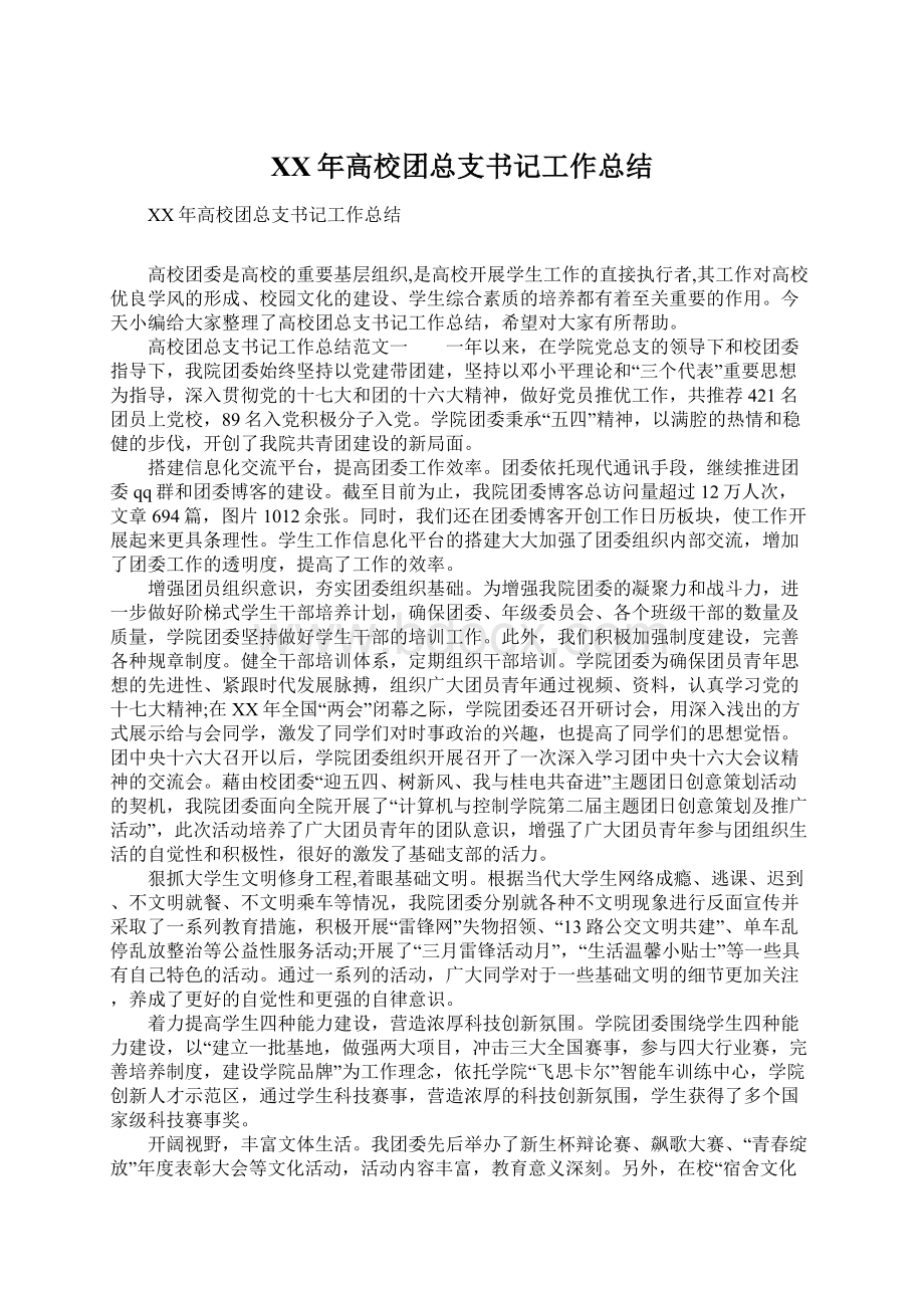 XX年高校团总支书记工作总结.docx