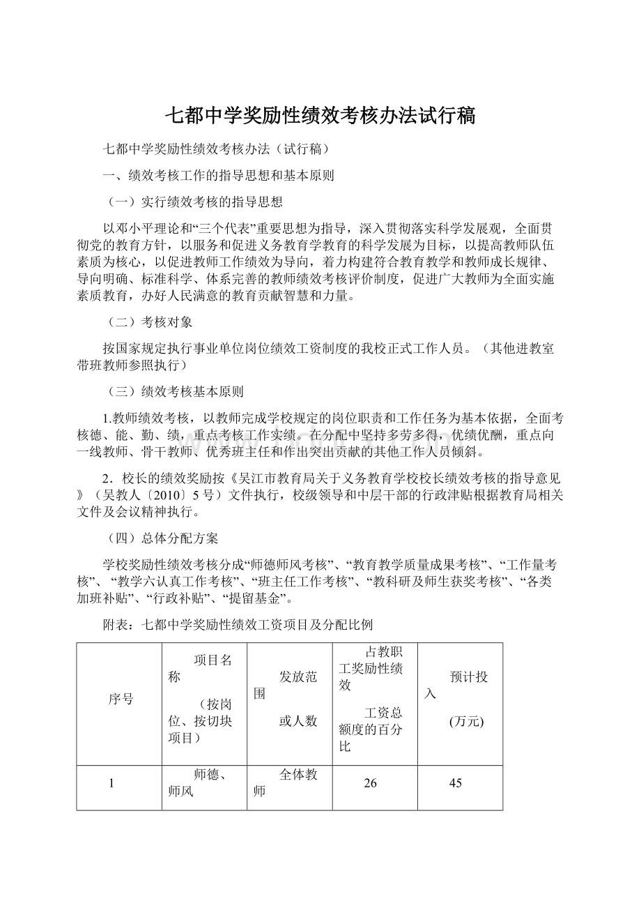 七都中学奖励性绩效考核办法试行稿Word文档格式.docx_第1页