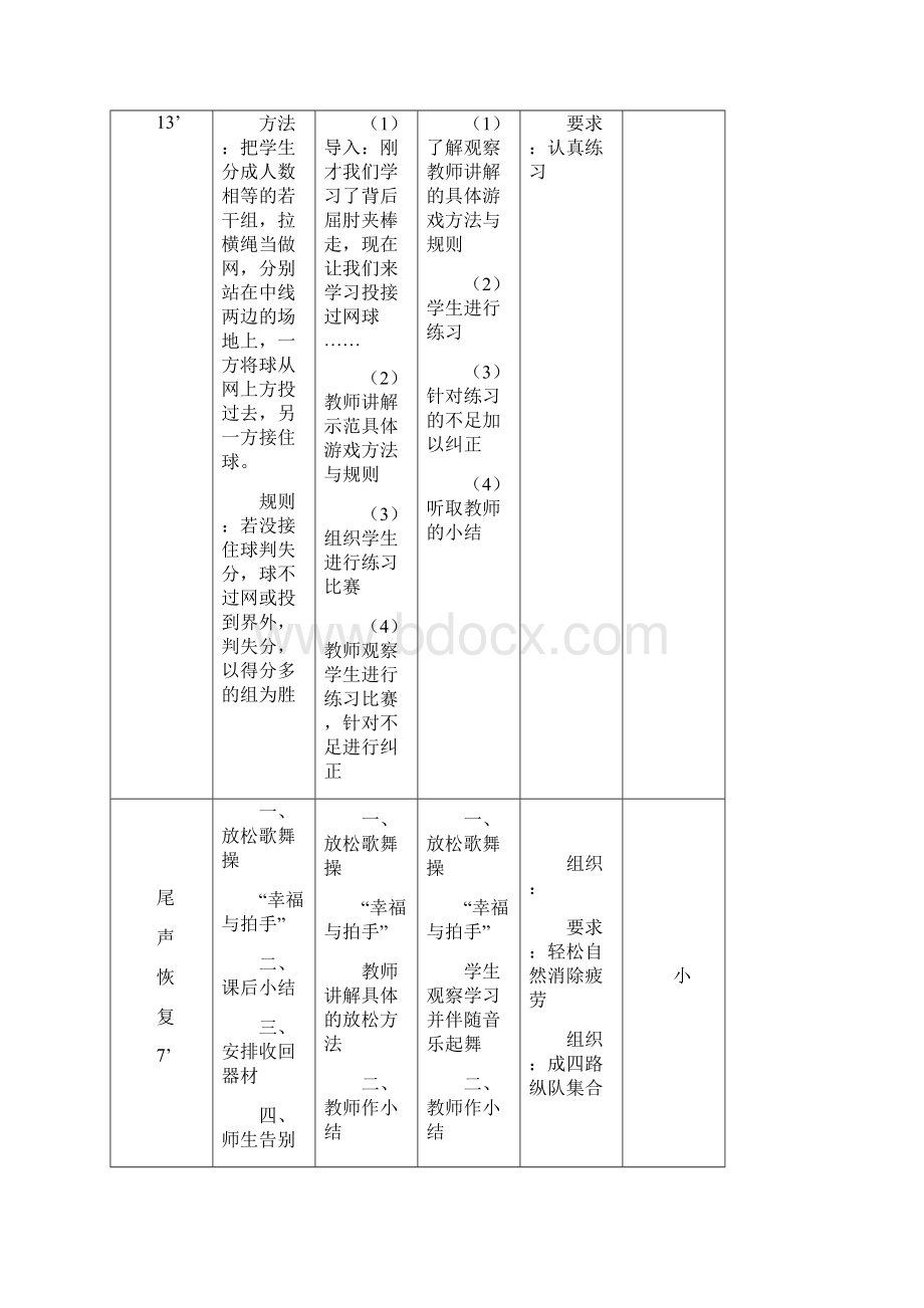 小学体育与健康一年级上册《投接过网球背后屈肘夹棒走》表格式教案设计Word下载.docx_第3页