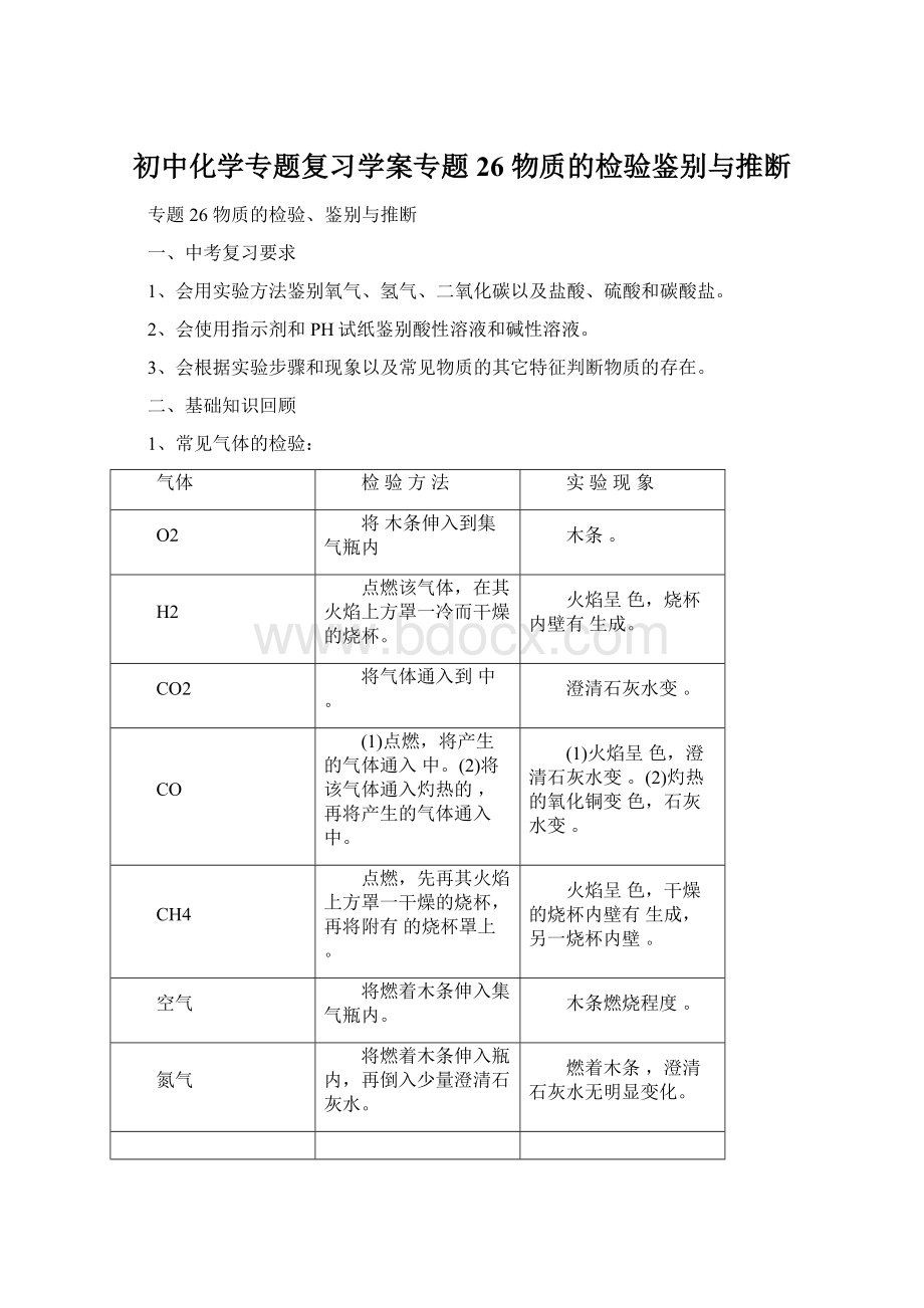 初中化学专题复习学案专题26 物质的检验鉴别与推断Word文件下载.docx