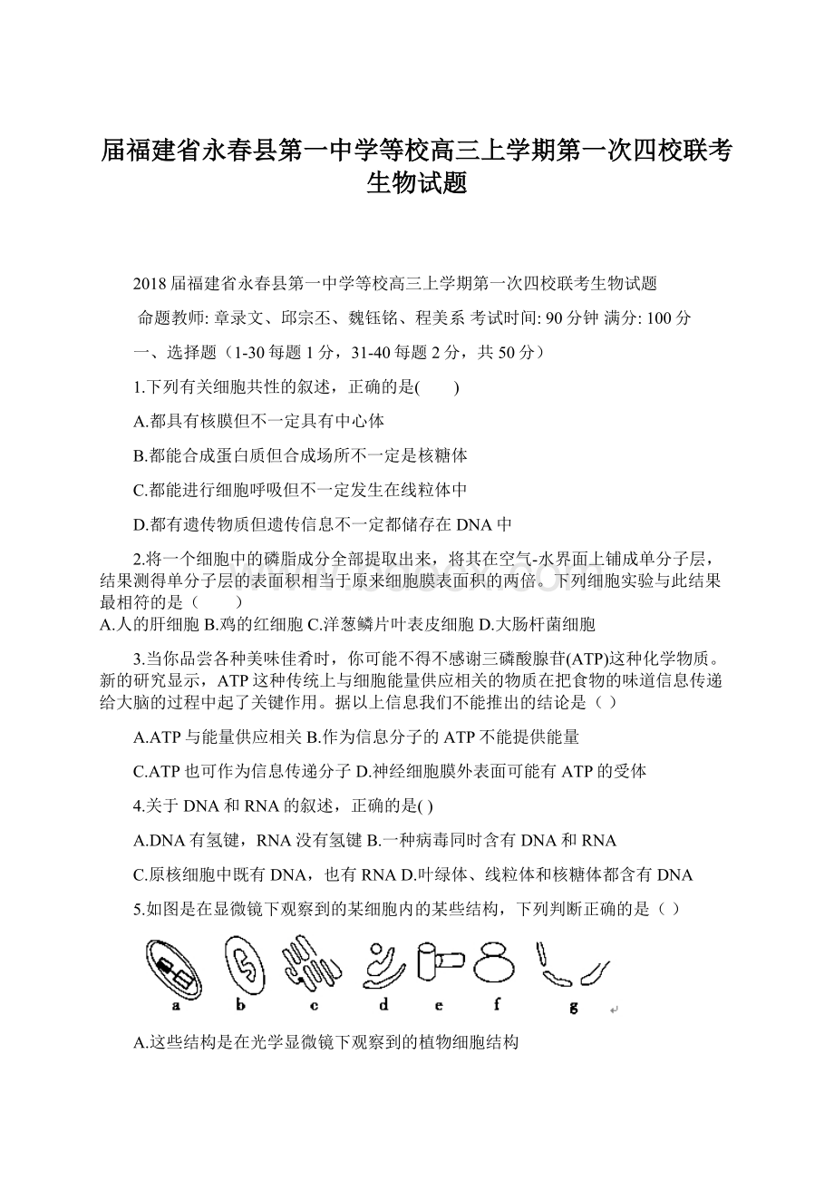 届福建省永春县第一中学等校高三上学期第一次四校联考生物试题.docx