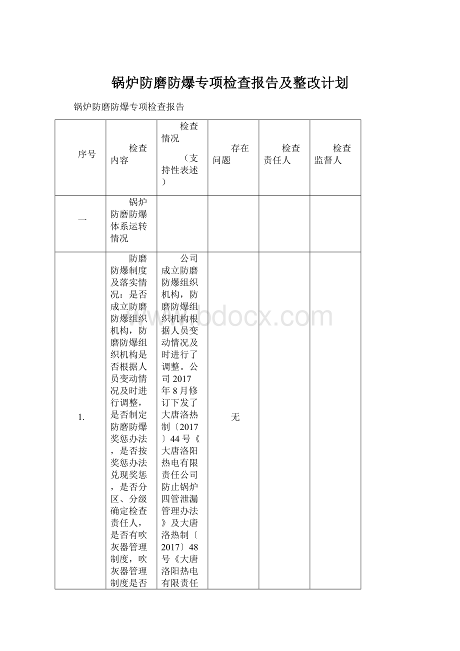 锅炉防磨防爆专项检查报告及整改计划Word文档下载推荐.docx_第1页