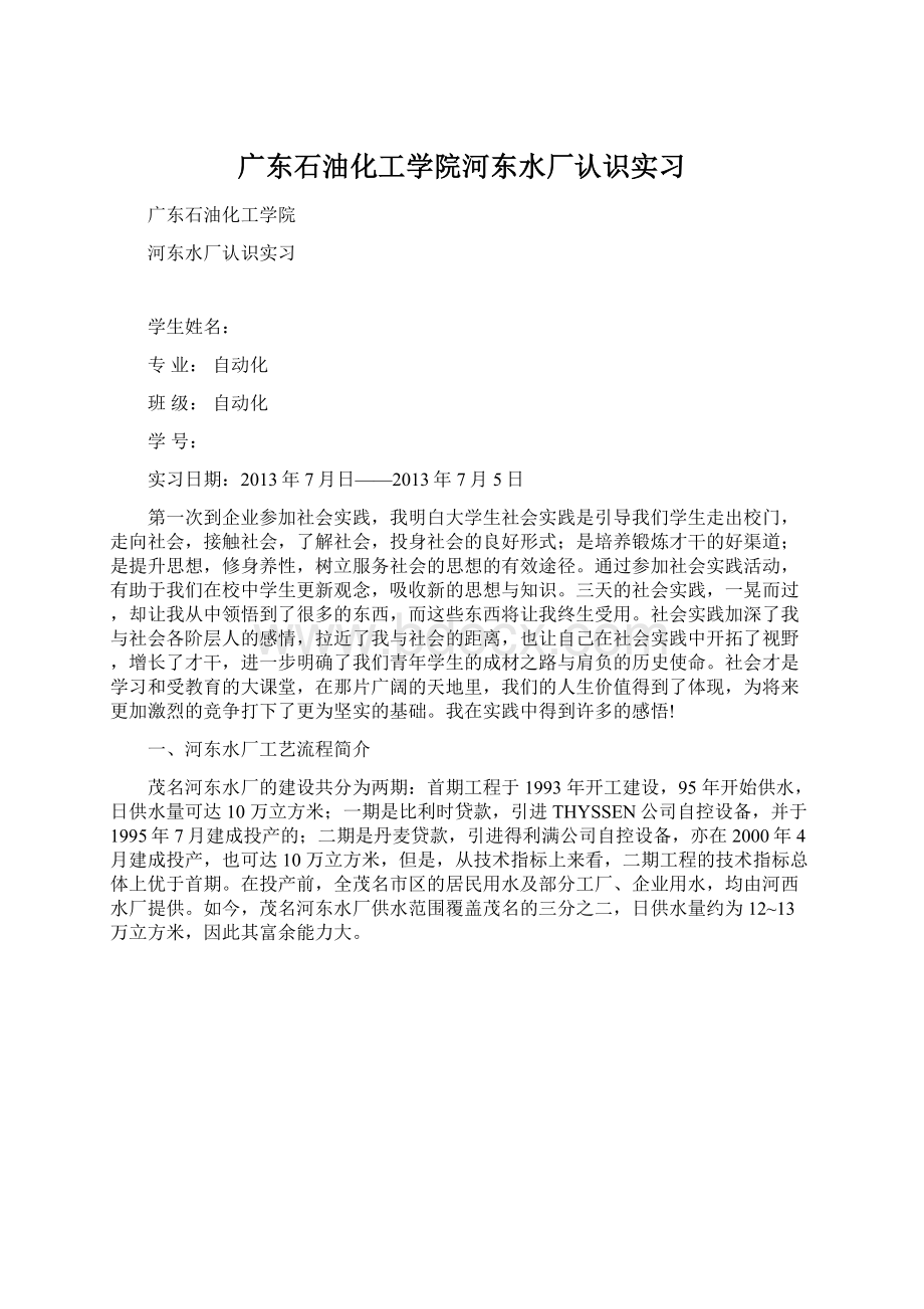 广东石油化工学院河东水厂认识实习Word格式文档下载.docx