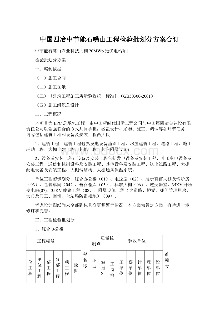 中国四冶中节能石嘴山工程检验批划分方案合订Word文件下载.docx