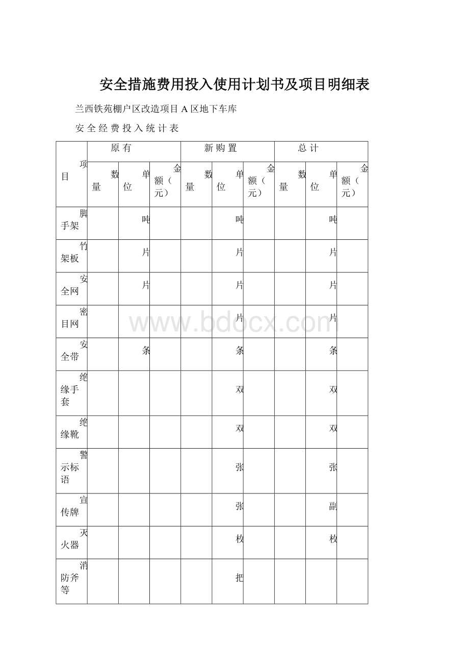 安全措施费用投入使用计划书及项目明细表.docx_第1页