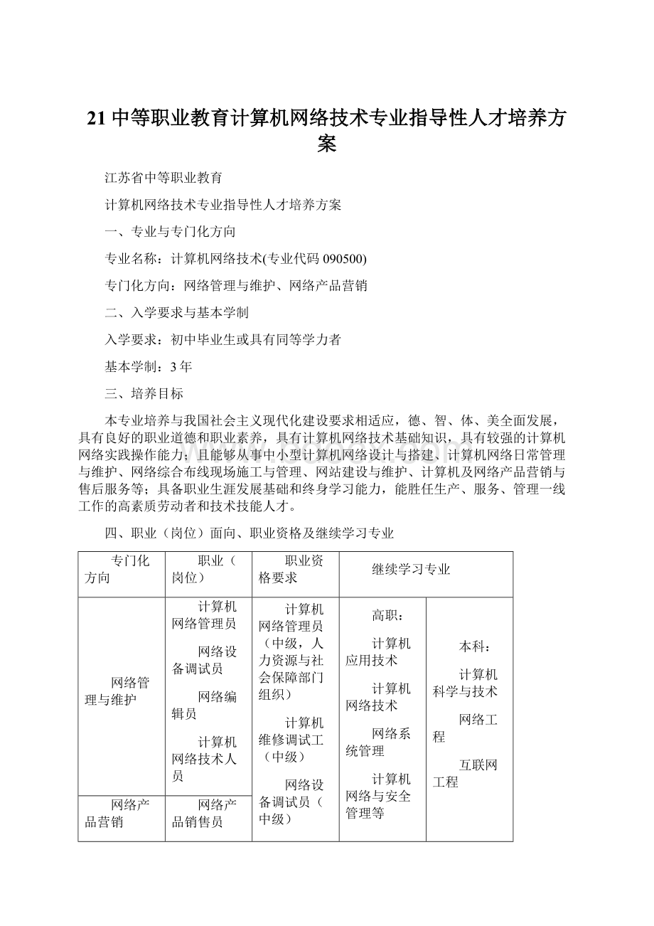 21中等职业教育计算机网络技术专业指导性人才培养方案Word格式文档下载.docx