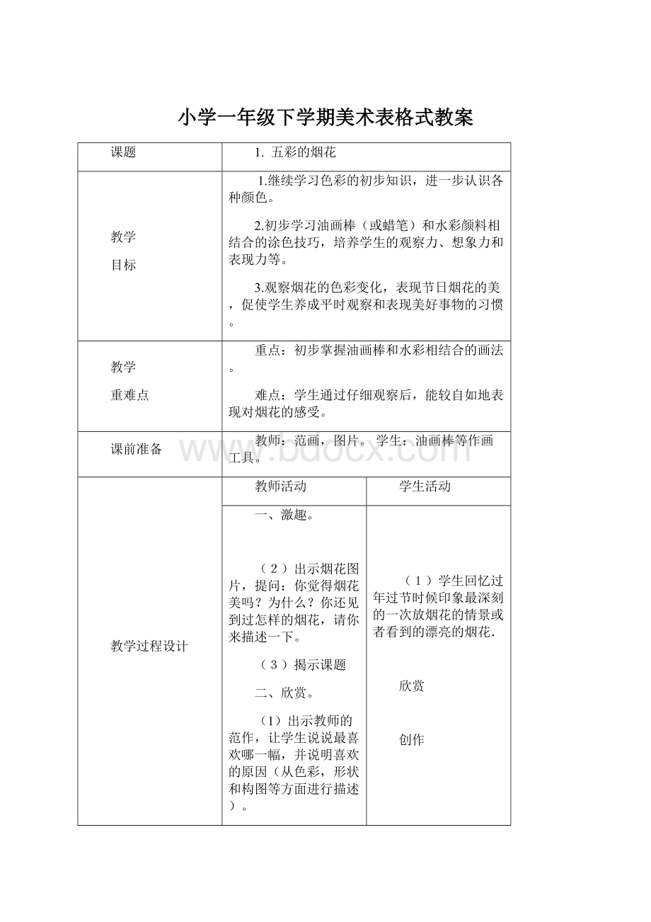 小学一年级下学期美术表格式教案Word下载.docx_第1页