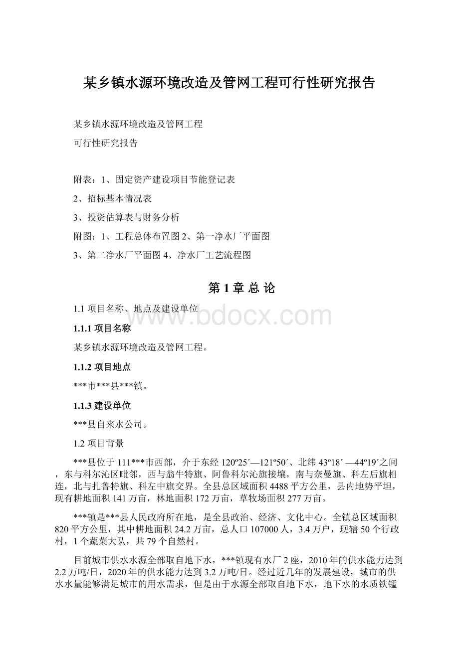 某乡镇水源环境改造及管网工程可行性研究报告.docx