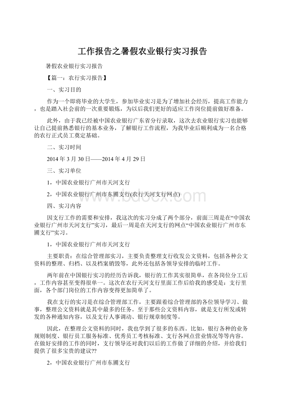 工作报告之暑假农业银行实习报告文档格式.docx