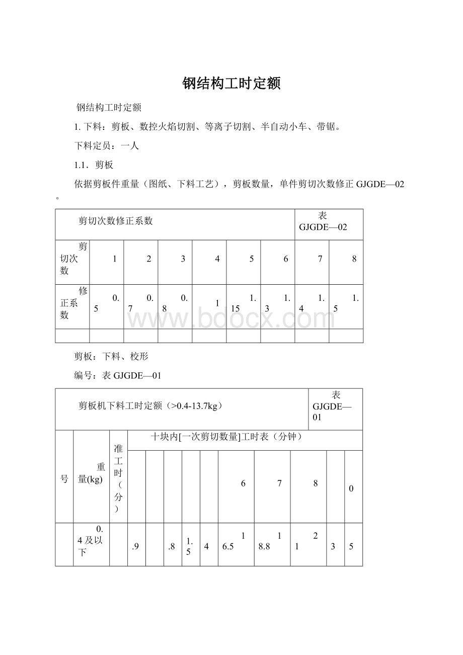 钢结构工时定额Word格式.docx