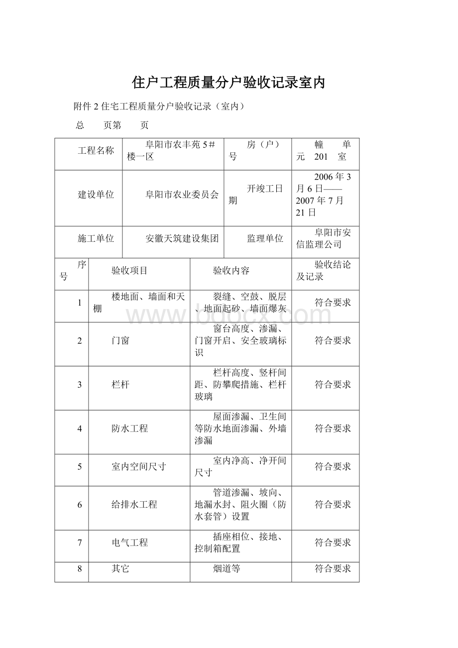 住户工程质量分户验收记录室内Word文档格式.docx_第1页