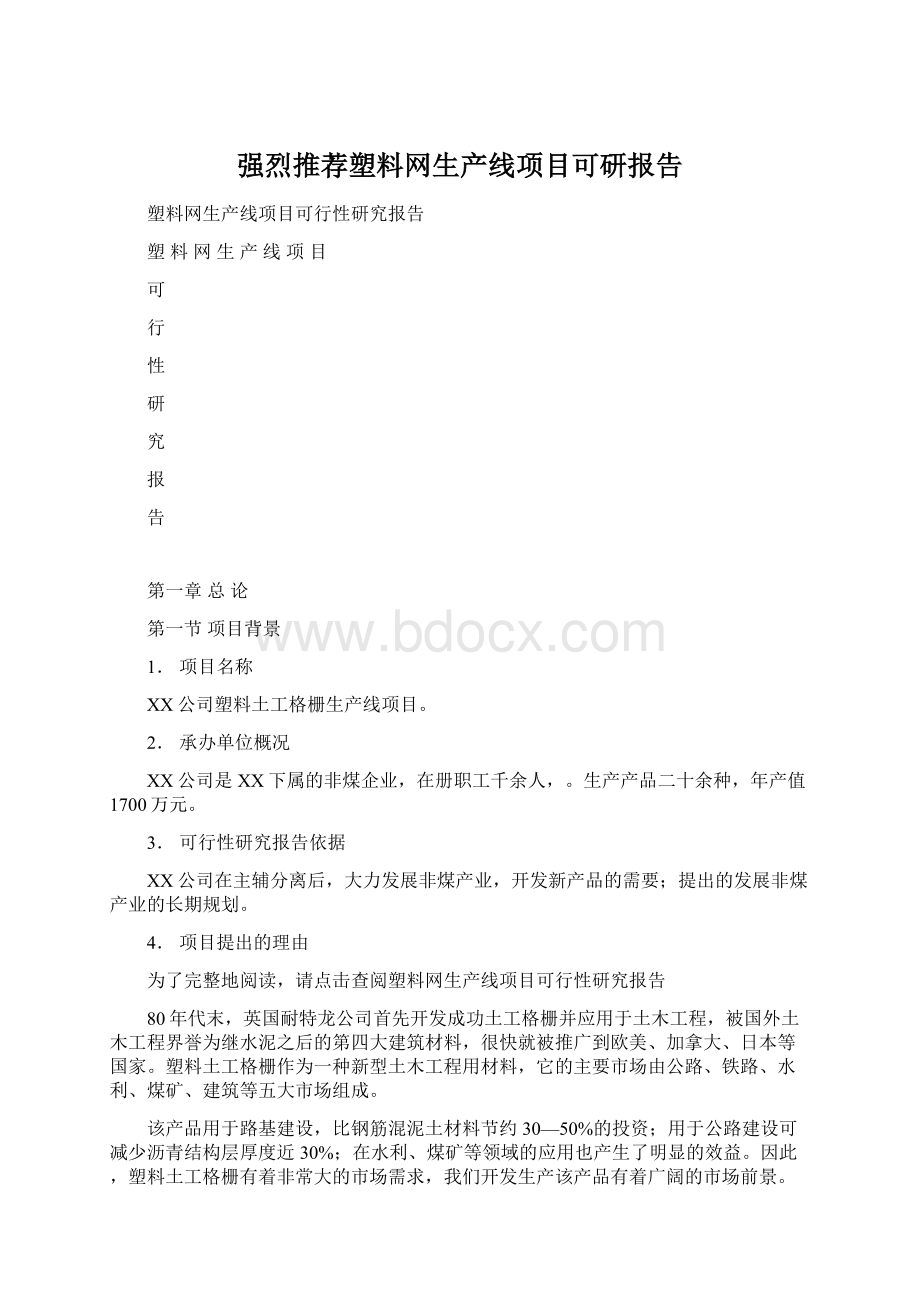 强烈推荐塑料网生产线项目可研报告Word下载.docx