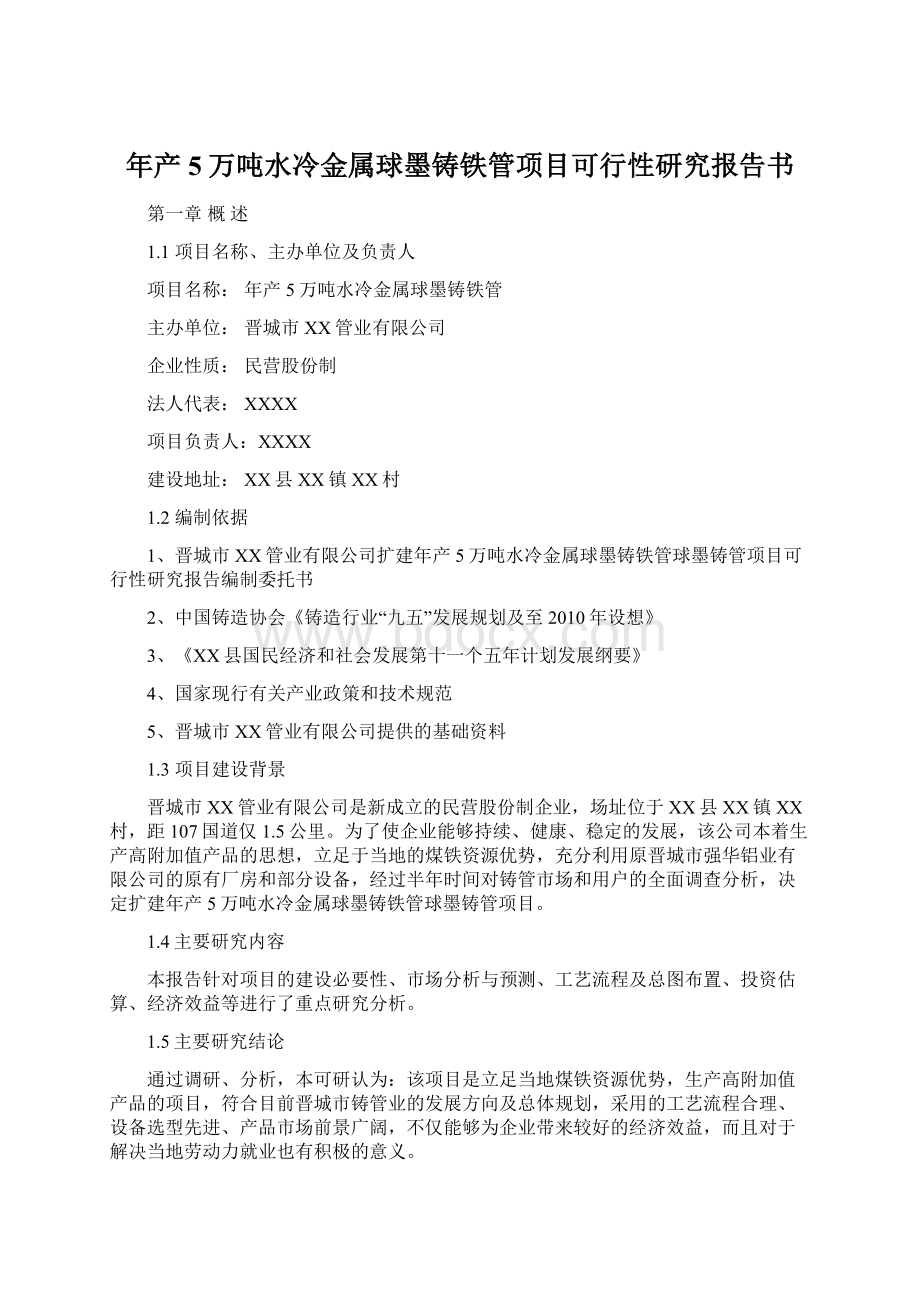 年产5万吨水冷金属球墨铸铁管项目可行性研究报告书文档格式.docx