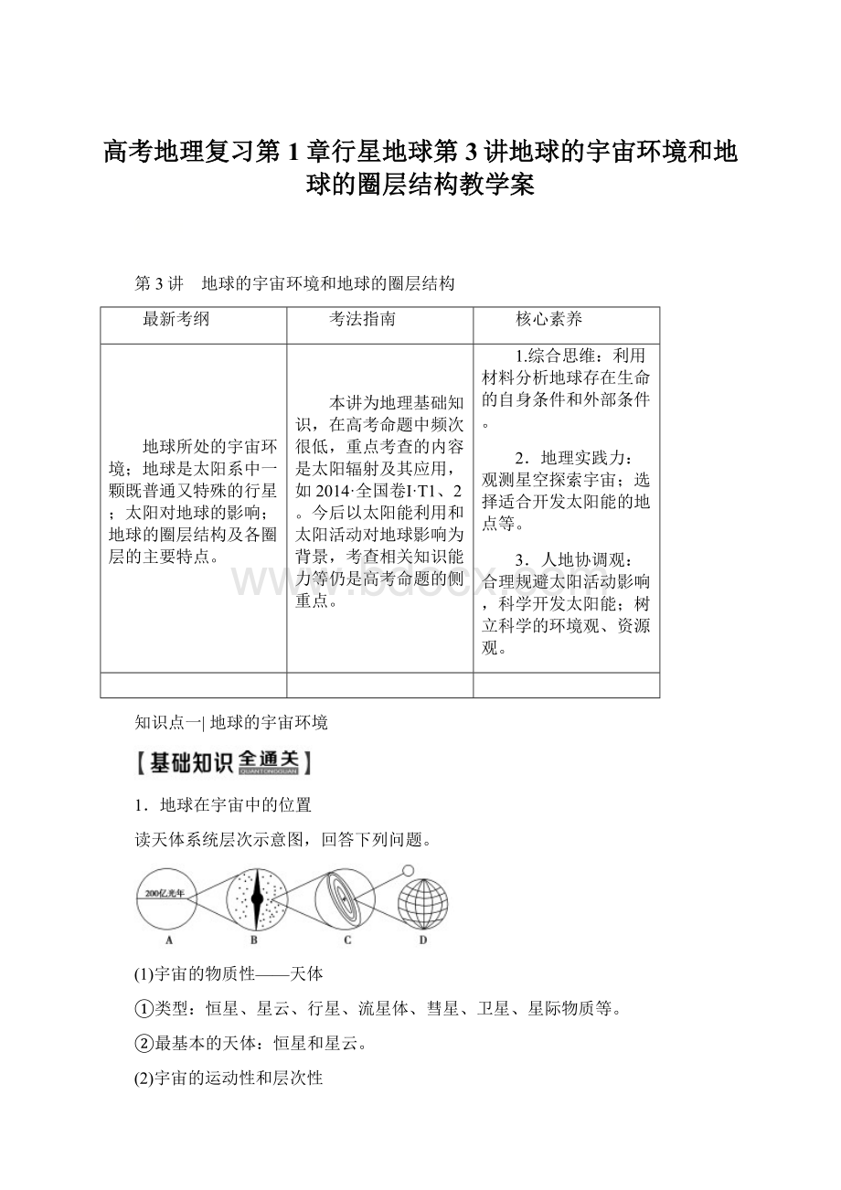 高考地理复习第1章行星地球第3讲地球的宇宙环境和地球的圈层结构教学案Word格式文档下载.docx_第1页